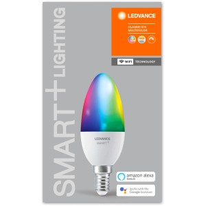 Lampadina LED Ledvance Smart+ WiFi a candela E14 con cambio colore RGBW.