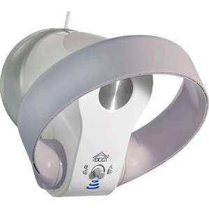 Termoventilatore elettrico t.b.t. bianco e rotondo con dettagli grigi.