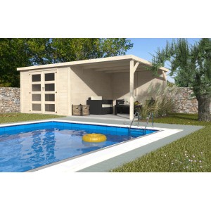 Casetta da giardino in legno t.b.t. con terrazza coperta a bordo piscina. Ideale come pool house.