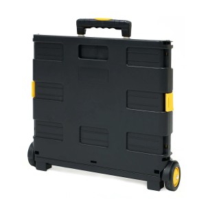 Carrello da officina t.b.t. nero piegato con dettagli gialli e ruote.