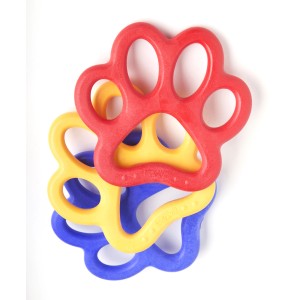 Gioco t.b.t. a forma di zampa, rosso, giallo e blu.