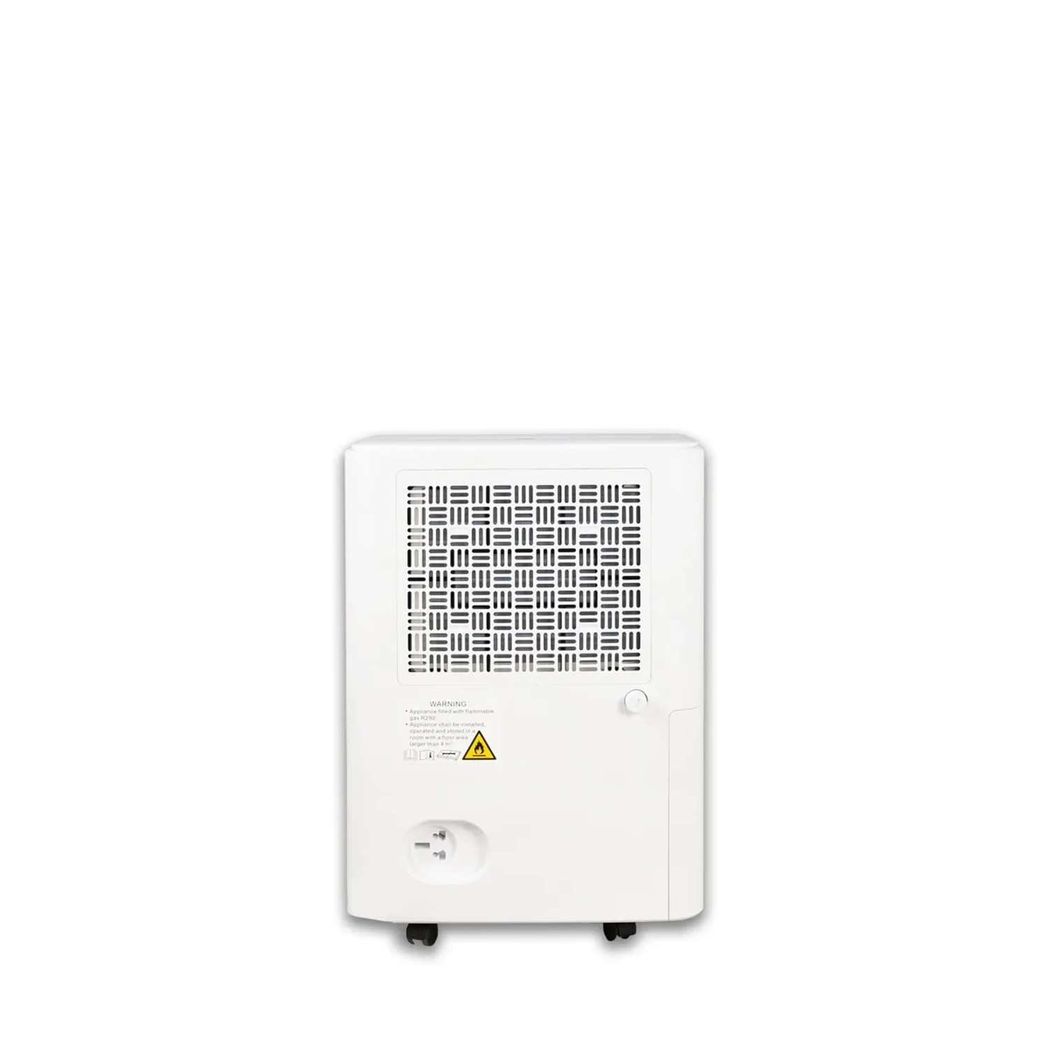 Vista posteriore del deumidificatore t.b.t. con griglia di ventilazione ed etichetta di avvertimento.