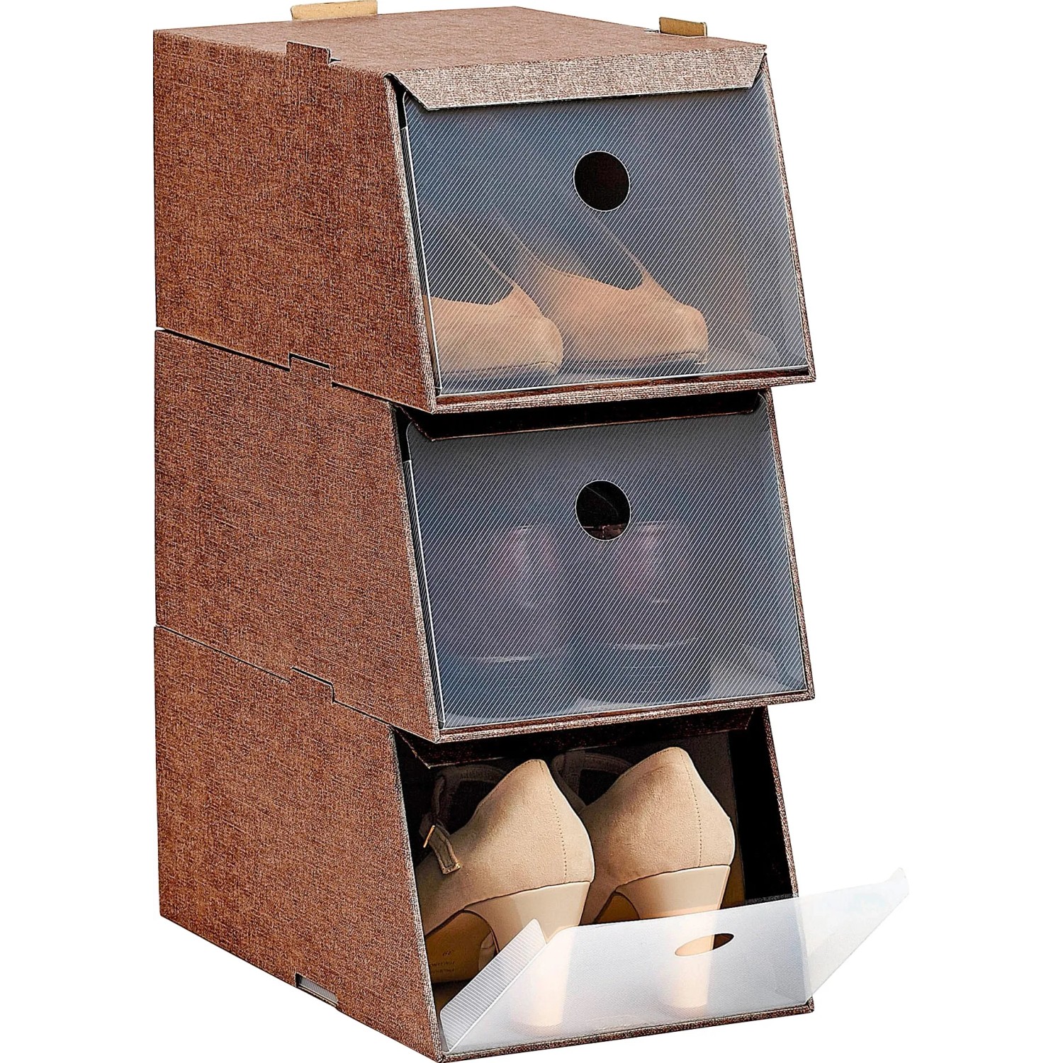 Organizzatore per scarpe t.b.t. marrone con tre scomparti per riporre le scarpe.