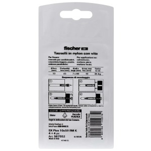 Tasselli Fischer SX Plus 10x50 BM K, 4+4 pezzi, nylon con vite, istruzioni di montaggio sulla confezione.
