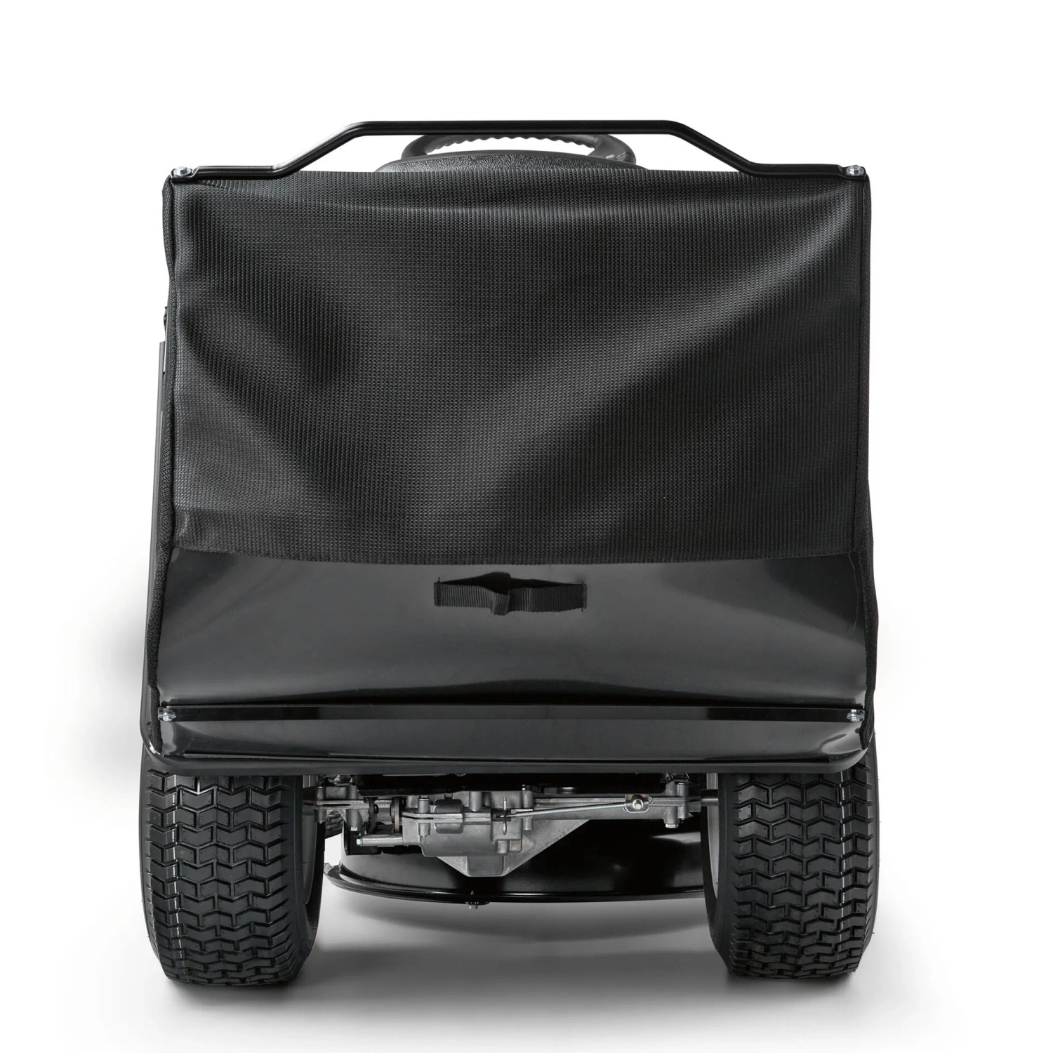 Vista posteriore del trattorino tagliaerba Troy-Bilt Mini-Rider 60T-R con cesto di raccolta.