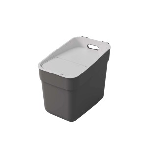 Cestino t.b.t. grigio con coperchio per rifiuti domestici.