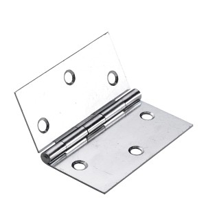 Cerniera per mobili in metallo aperta con fori di montaggio.