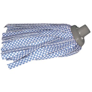 Testa di mop con motivo a scacchi blu e bianco per la pulizia.