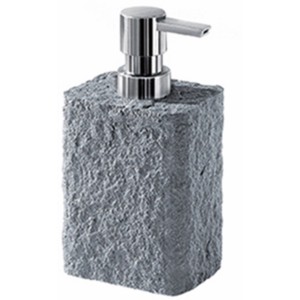 Dispenser sapone t.b.t. in pietra grigia con erogatore a pompa argentato.