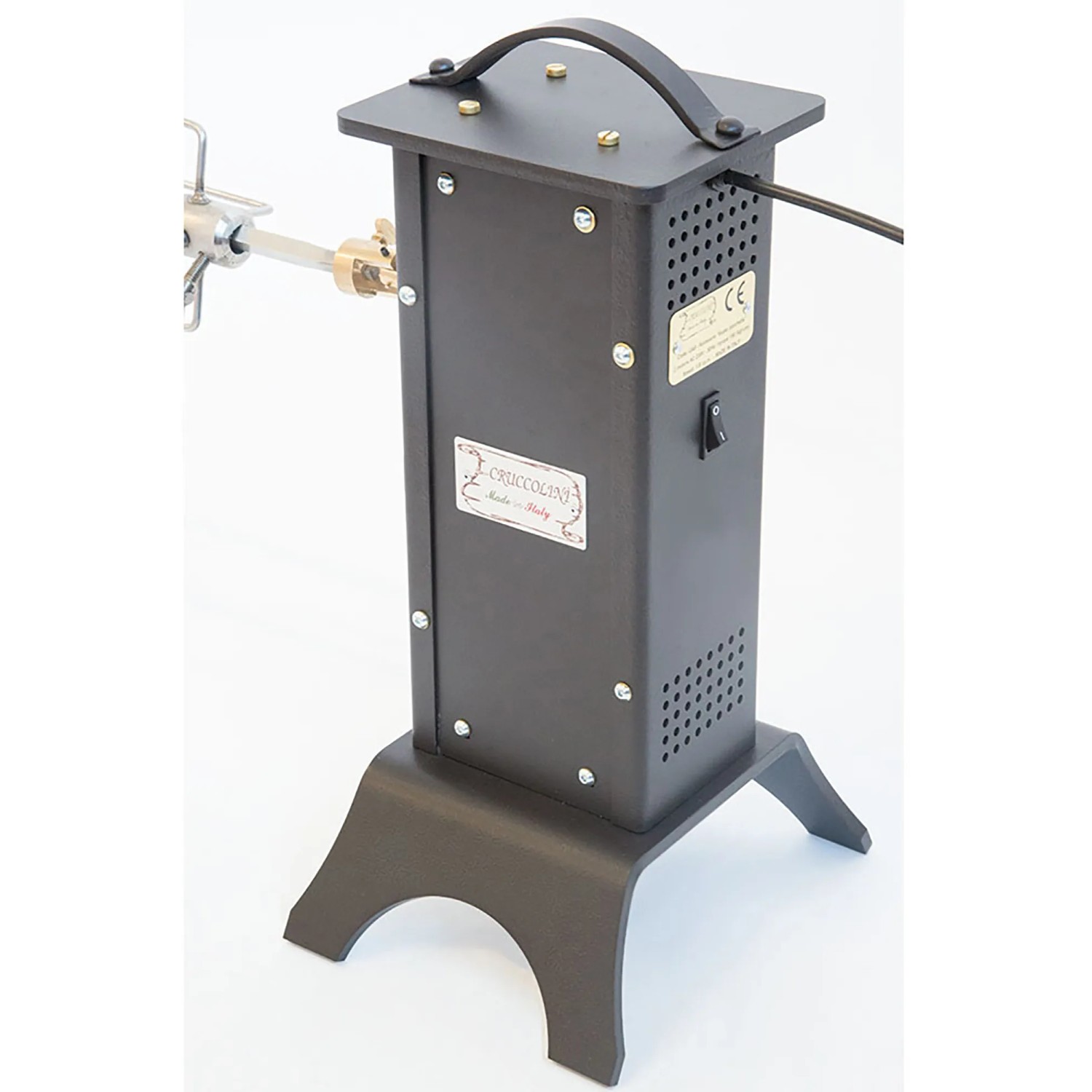 Barbecue t.b.t. con girarrosto, corpo in metallo nero.