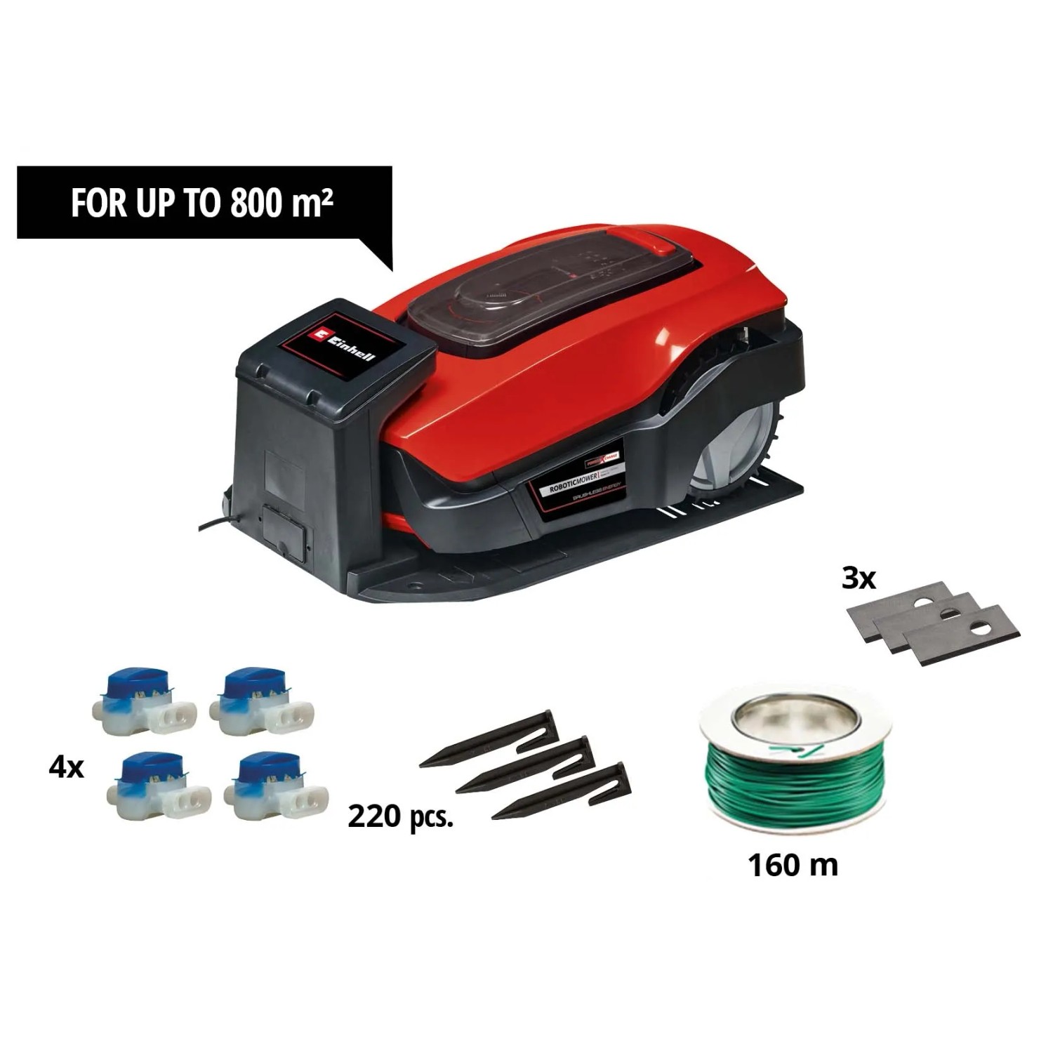 Robot tagliaerba rosso con accessori: cavo perimetrale, picchetti, morsetti e lame di ricambio.