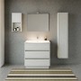 Set bagno moderno con mobile lavabo, specchiera e colonna in effetto legno.