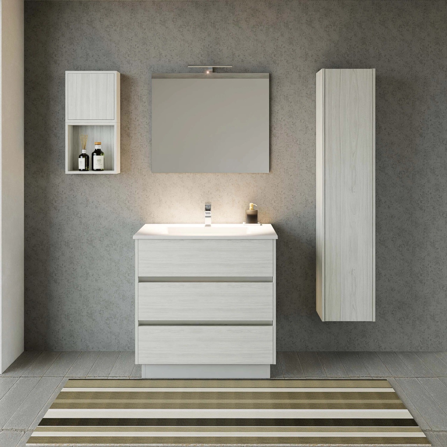 Set bagno moderno con mobile lavabo, specchiera e colonna in effetto legno.