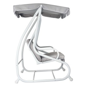 Altalena Dondoli grigia con struttura bianca e tettuccio parasole.