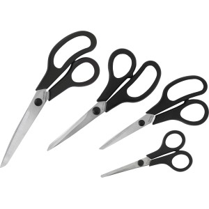 Set di forbici da cucina, 4 forbici in acciaio inox di diverse dimensioni con manici neri.