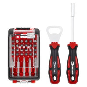 Toolbox Einhell rossa con set di 32 inserti, impugnatura cacciavite e apribottiglie per avvitature.