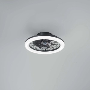 Plafoniera LED moderna con ventilatore, corpo nero e illuminazione LED ad anello.
