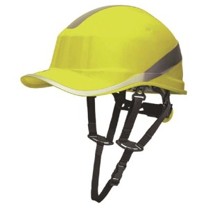 Casco protettivo giallo con sottogola per la massima protezione della testa.