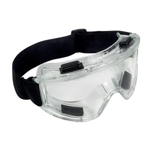 Occhiali di protezione t.b.t. con lente trasparente e fascia nera.
