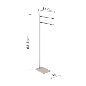 Portasciugamani freestanding color argento con due aste e base rettangolare.