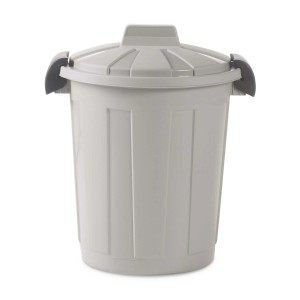 Contenitore rifiuti t.b.t. grigio con coperchio e maniglie laterali.