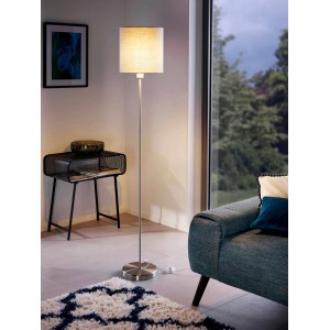 Moderna lampada da terra Eglo Pasteri con paralume in tessuto grigio e base in nichel opaco. Lampada da terra di design per spazi abitativi.