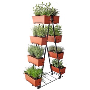 Colonna porta piante con fioriere multiple, ideale per erbe e fiori.