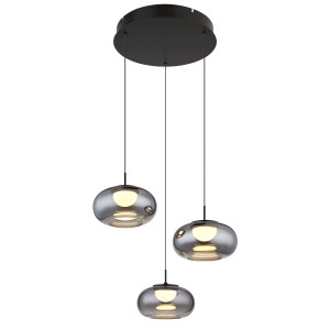 Lampada a sospensione moderna con tre paralumi in vetro grigio per un'illuminazione elegante.