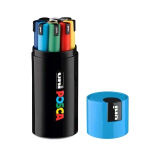 Set di pennarelli Uni Posca in custodia nera con tappo blu. Pennarelli in vari colori.