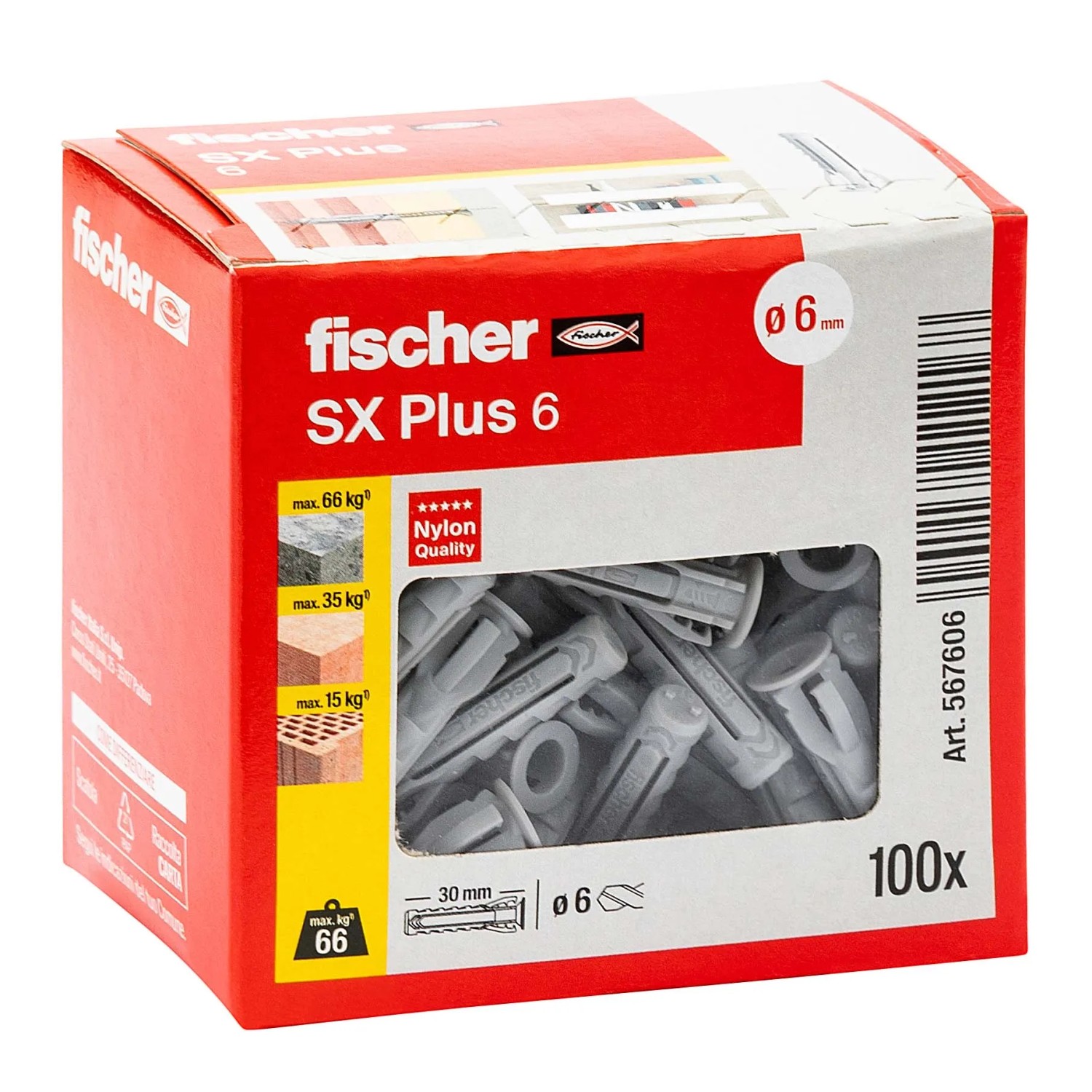 Fischer tassello ad espansione SX 6x30, 100 pezzi in scatola. Tassello in nylon per carichi elevati in calcestruzzo e muratura.