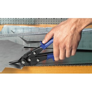 Cesoie per lamiera LUX Classic 240 mm tagliano la lamiera. Pinze con manico blu.
