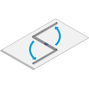 Zanzariera a porta pieghevole Tesa, telaio in alluminio pieghevole bianco, con frecce blu che indicano la funzione di piegatura.