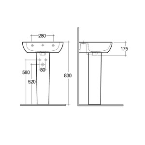 Disegno tecnico: lavabo t.b.t. con dimensioni per la progettazione del bagno.