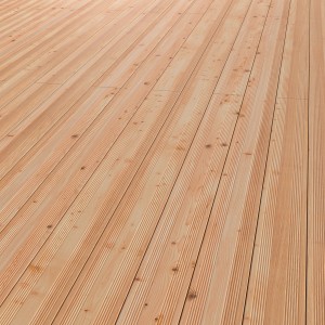 Listoni per terrazza in douglasia con superficie scanalata e colore legno naturale.