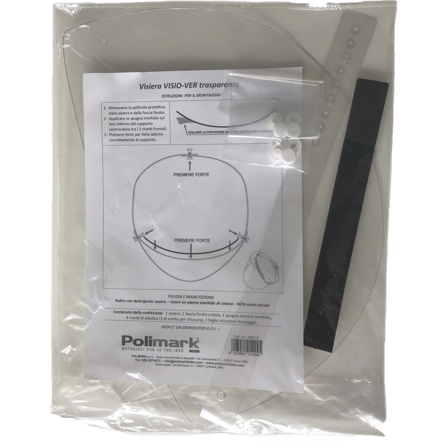 Occhiali di protezione t.b.t.: Componenti come visiera, supporto e materiale di montaggio nella confezione.