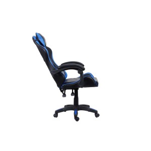 Sedia da gaming nera con dettagli blu, vista laterale.