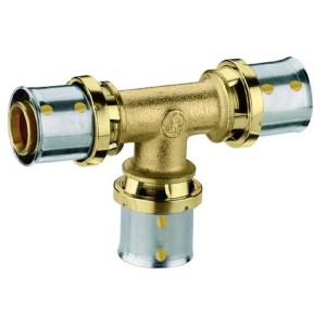 Raccordo a pressare t.b.t. in ottone e acciaio inox per sistemi di tubazioni.