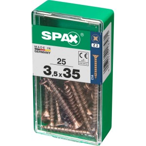 Viti per legno SPAX 3,5x35 mm in contenitore di plastica verde.