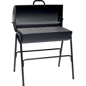 Barbecue a carbone nero a forma di botte con coperchio aperto e griglia.
