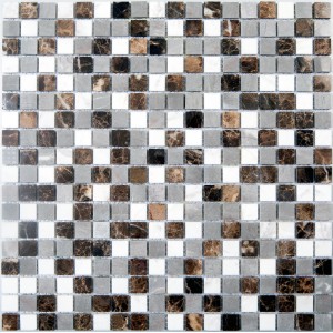 Piastrella a mosaico marrone, grigia e bianca. Piastrelle quadrate per bagno e cucina.