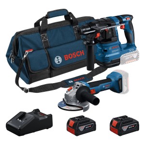 Set combinato cordless Bosch Professional: martello perforatore, smerigliatrice angolare, batterie, caricabatterie e borsa.