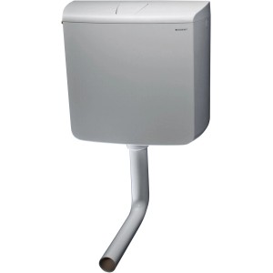 Cassetta di risciacquo esterna Geberit AP 110, bianca, con tubo di scarico per WC a parete.