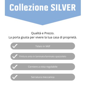 Infografica su porte interne t.b.t.: telaio in MDF, finitura laminata, cerniere regolabili, serratura meccanica.