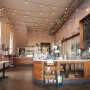 Interno di un caffè con luci a stringa come lampada a portale.