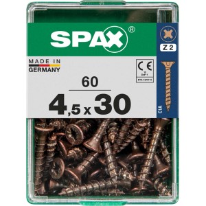 Viti per legno SPAX 4,5x30 mm, 60 pezzi in contenitore trasparente.