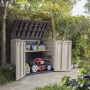 Box universale aperta beige-marrone con tosaerba e accessori da giardino.