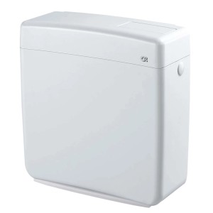 Cassetta di scarico bianca per WC a cassetta, vista dettagliata.