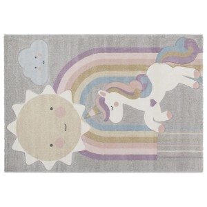Tappeto per bambini grigio con unicorno, arcobaleno, sole e nuvola.