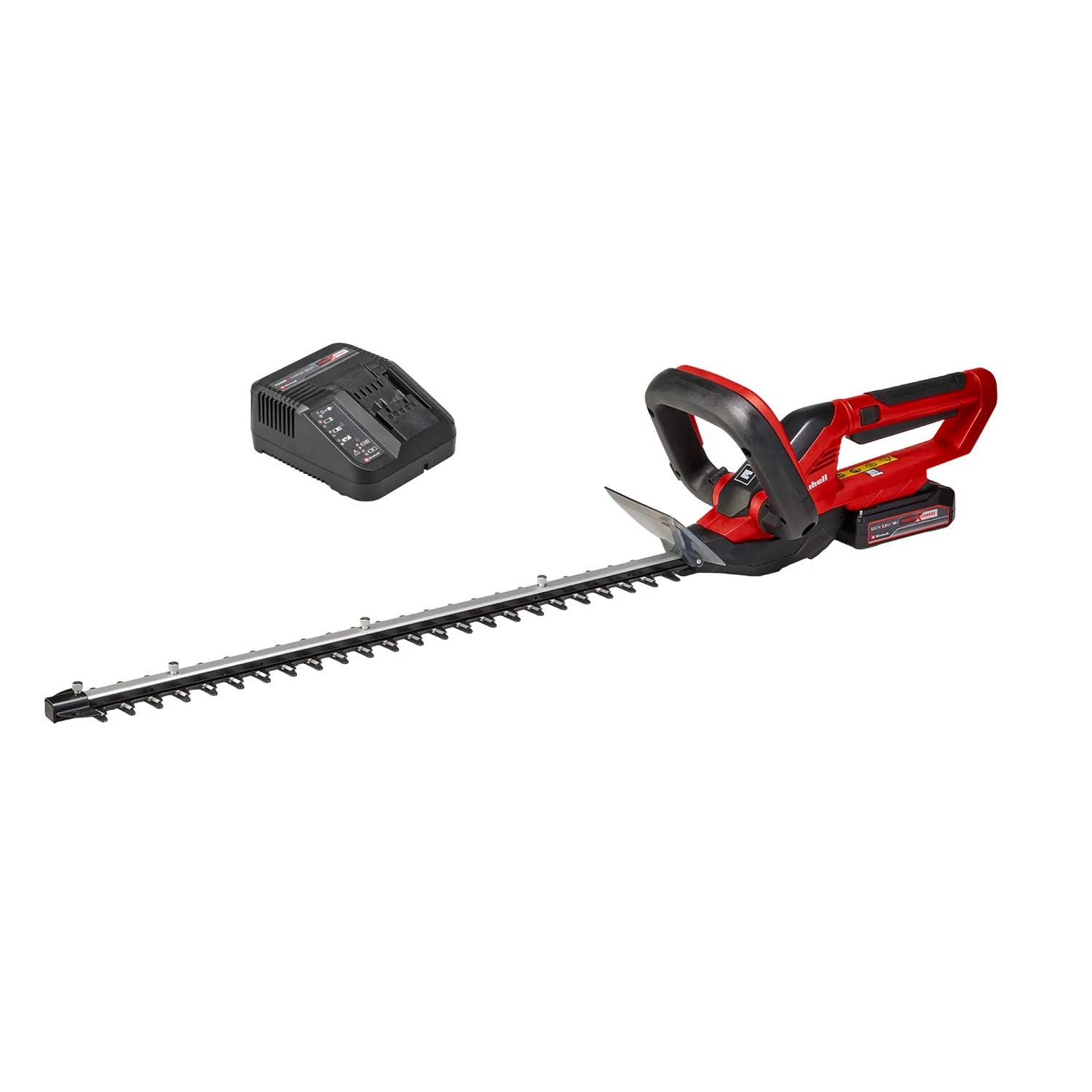 Tagliasiepi a batteria Einhell GC-CH 1855/1 Li Kit con batteria e caricabatterie in rosso e nero.