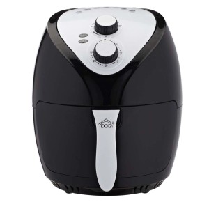 Friggitrice ad aria nera con comandi rotativi per temperatura e tempo.